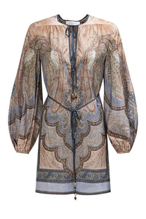 Zimmermann women’s tunic wonderlust multicolor flowing long-sleeved dress in muted paisley with earthy beige brown and blue tones