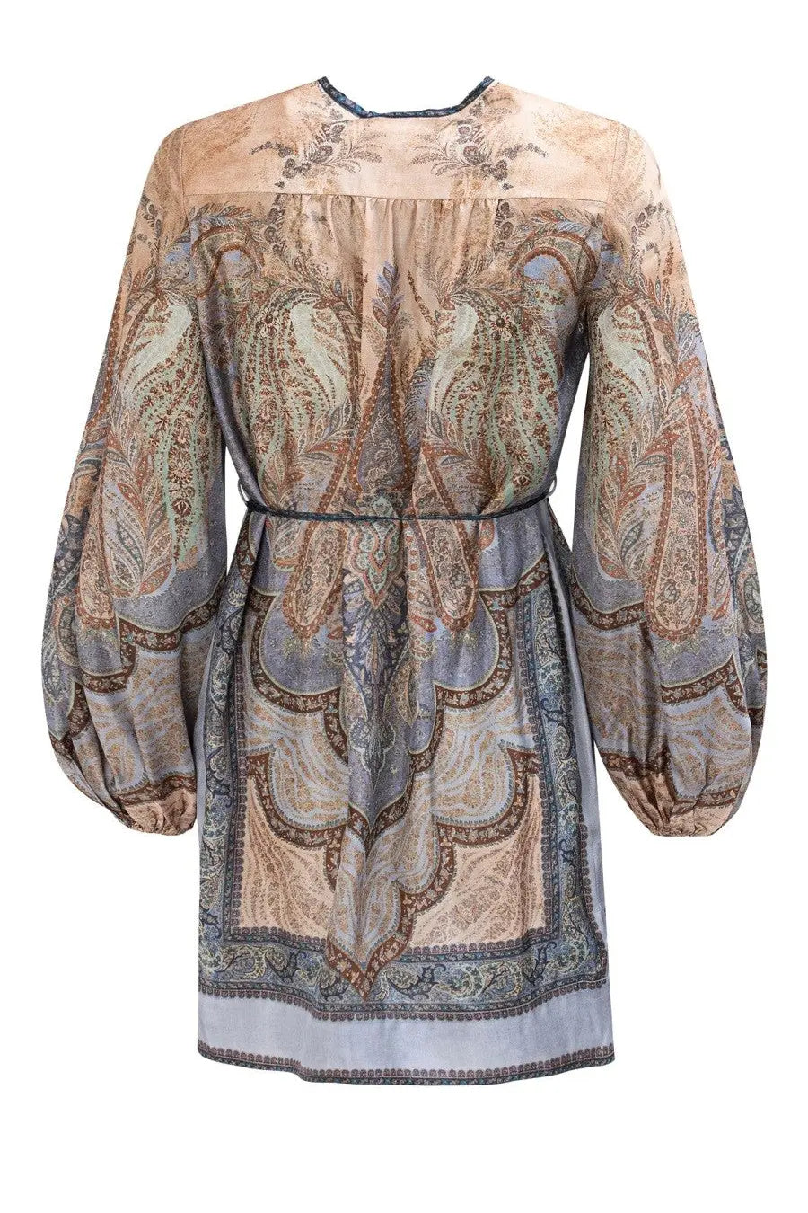 Zimmermann women’s tunic wonderlust multicolor flowing long-sleeved dress in muted beige and gray paisley with detailed hemline