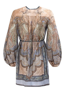 Zimmermann women’s tunic wonderlust multicolor flowing long-sleeved dress in muted beige and gray paisley with detailed hemline