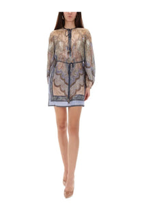 Zimmermann women’s tunic wonderlust long sleeved mini dress in sheer paisley patterned fabric beige and blue tones
