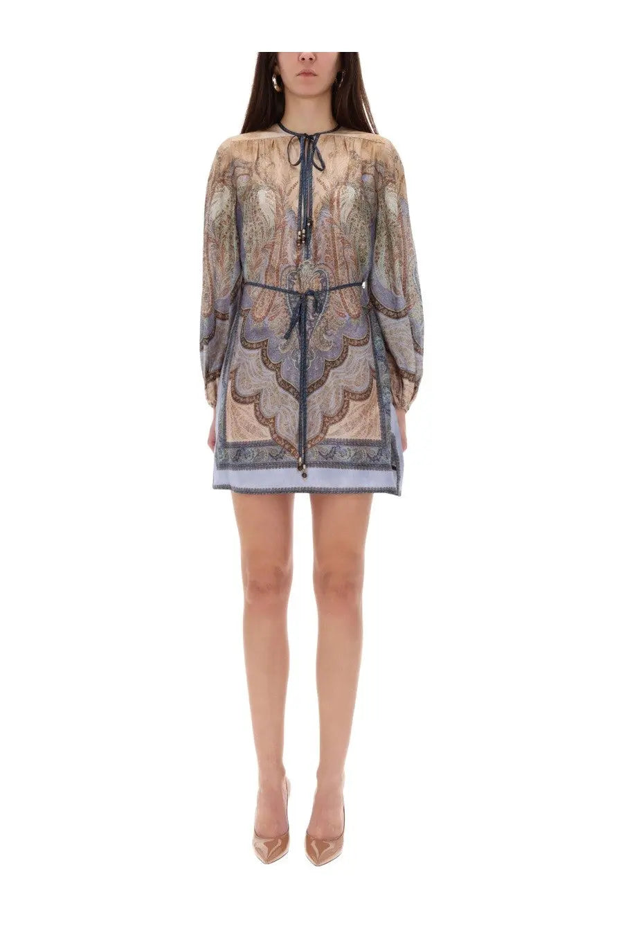 Zimmermann women’s tunic wonderlust multicolor long-sleeved mini dress in sheer paisley patterned beige and lavender fabric