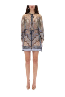 Zimmermann women’s tunic wonderlust multicolor long-sleeved mini dress in sheer paisley patterned beige and lavender fabric