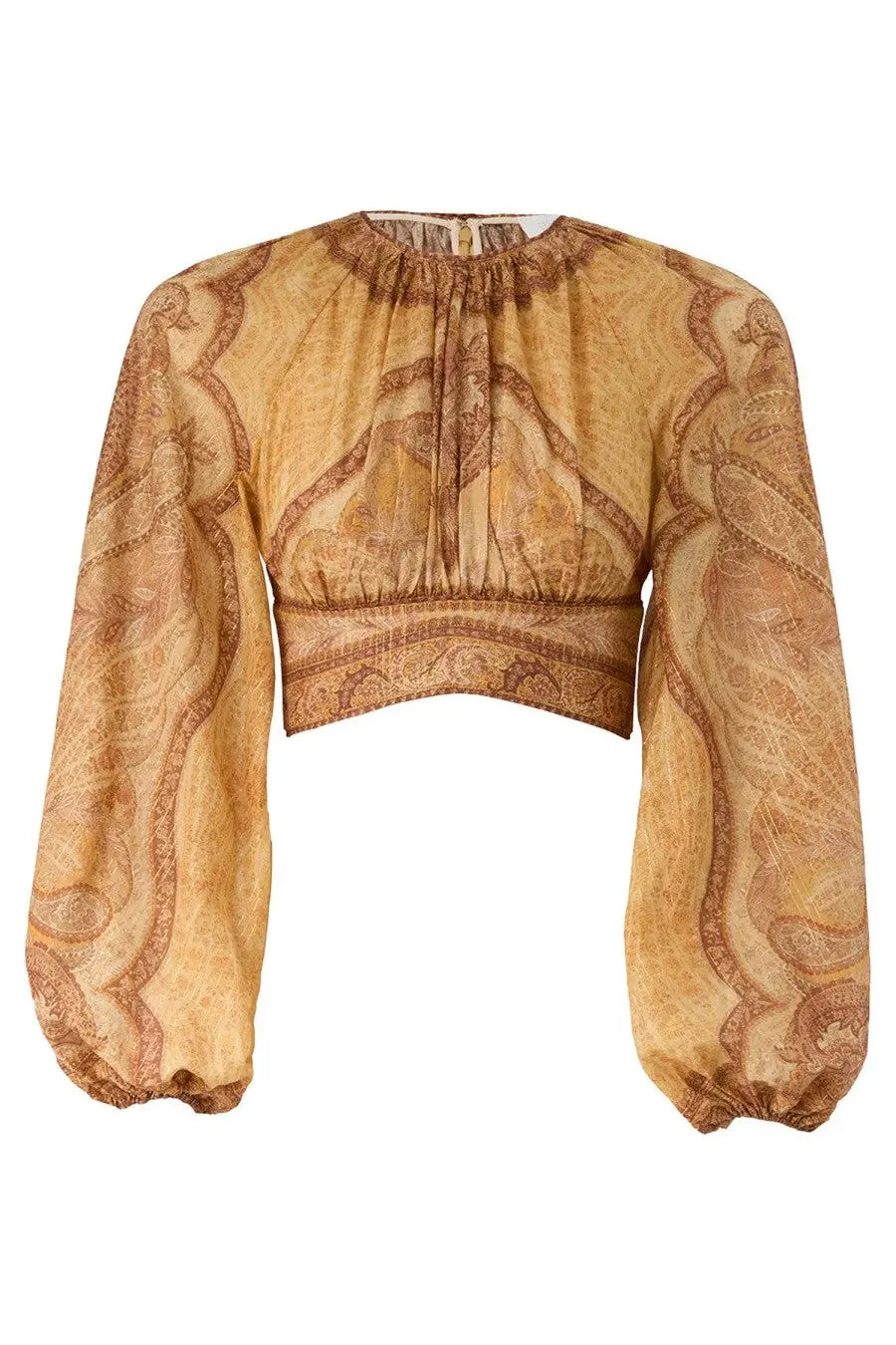 Zimmermann women’s Wanderlust bodice mustard yellow cropped blouse with long puffy sleeves and brown paisley pattern