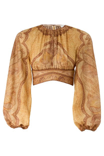 Zimmermann women’s Wanderlust bodice mustard yellow cropped blouse with long puffy sleeves and brown paisley pattern