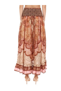Zimmermann women’s wanderlust long skirt in soft peach and rust paisley with gathered waistband and ruffled hem