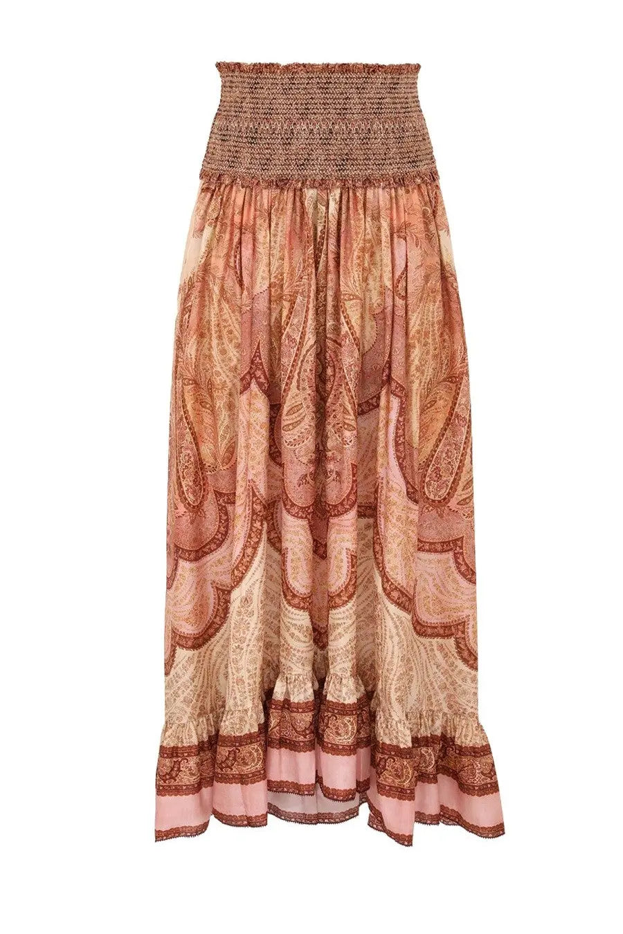 Zimmermann women’s wanderlust long skirt flowing maxi design with peach and terracotta paisley print and elastic waistband