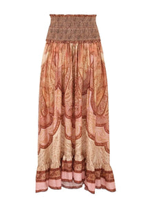 Zimmermann women’s wanderlust long skirt flowing maxi design with peach and terracotta paisley print and elastic waistband