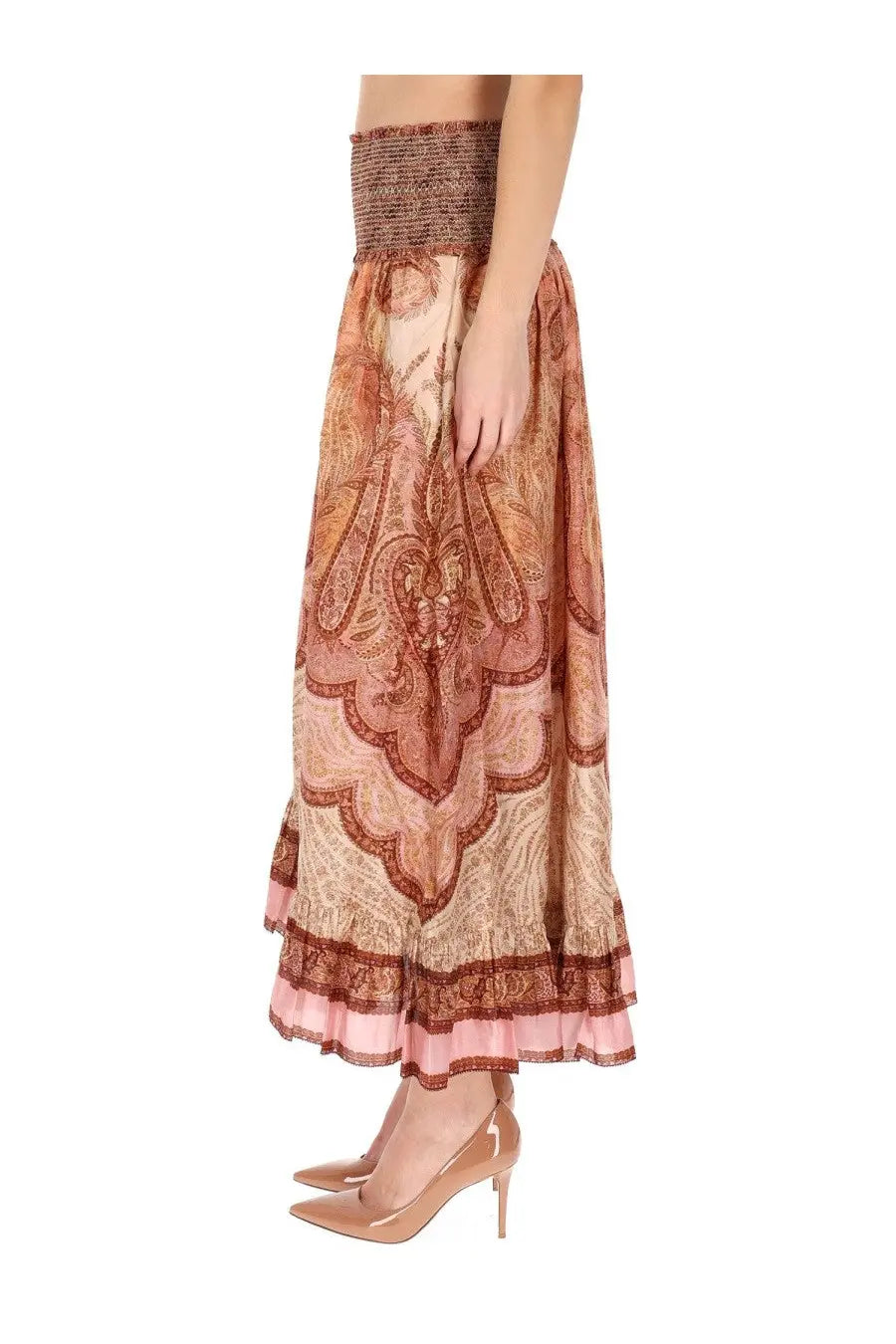 Zimmermann women’s wanderlust long skirt multicolor flowing maxi skirt in warm paisley with elastic waistband and ruffled hem