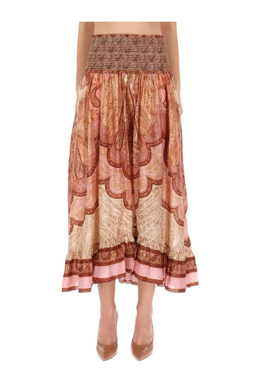 Zimmermann women’s wanderlust long skirt flowing mid-thigh length soft peach and terracotta paisley pattern