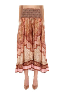 Zimmermann women’s wanderlust long skirt flowing mid-thigh length soft peach and terracotta paisley pattern