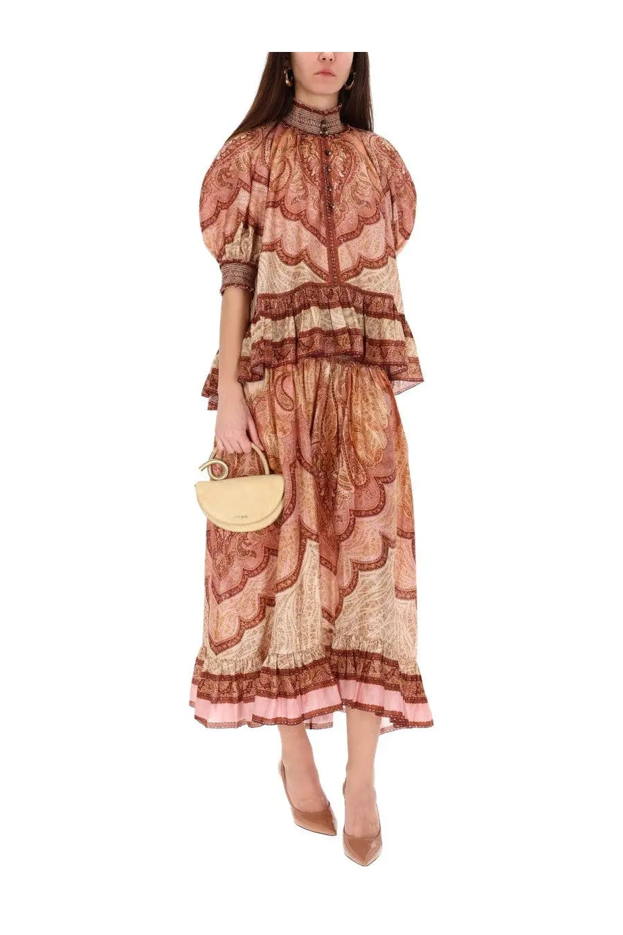 Zimmermann women’s wanderlust tiered midi dress in soft peach and terracotta paisley with ruffled sleeves and hem