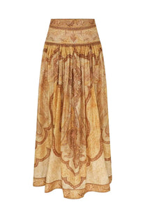 Zimmermann women’s wanderlust maxi skirt in beige and rust paisley with embroidered waistband and hem detailing