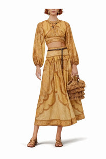Zimmermann women’s wanderlust mustard-yellow long-sleeved two-piece set with intricate paisley patterns and tiered skirt