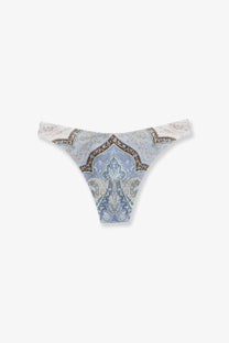 Zimmermann women’s wanderlust scoop lycra bikini bottom in light blue and cream with paisley pattern and brown accents