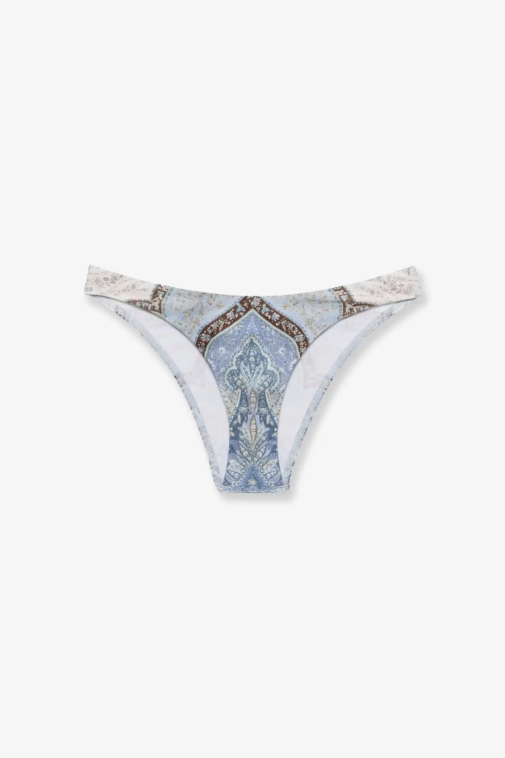 Zimmermann women’s wanderlust scoop lycra bikini bottom in blue with delicate paisley pattern and gold-trimmed waistband