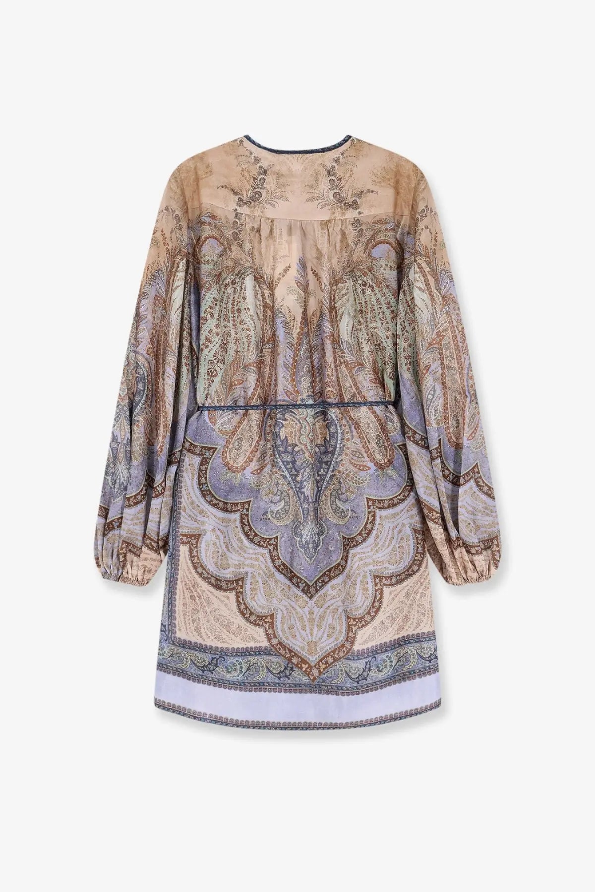 Zimmermann women’s wanderlust tunic silk mini dress in blue with a flowing beige and lavender paisley pattern and embroidery