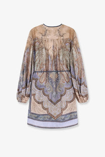 Zimmermann women’s wanderlust tunic silk mini dress in blue with a flowing beige and lavender paisley pattern and embroidery