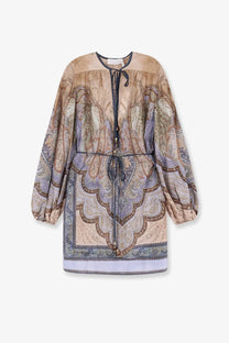 Zimmermann women’s wanderlust tunic silk mini dress in blue with long sleeves and a beige lavender paisley print