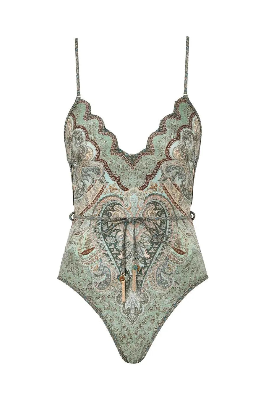 Zimmermann women’s Wonderlust one-piece swimsuit with muted green and beige paisley pattern and scalloped neckline